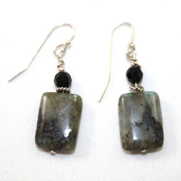 Sterling Silver Hook Drop Dangle Labradorite & Black Glass Bead Fashion Earrings - Picture 1 of 8